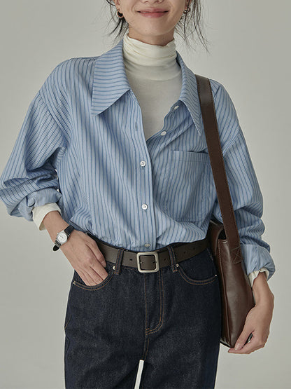 Loose Contrast Color Pockets Striped Blouses&Shirts Tops