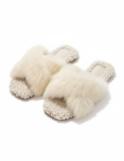 Simple Open Toe Cross Faux Fur Warm Slippers