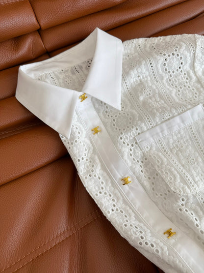 Celine 25 Hollow Shirt Dress with Gold Metal Button White Cotton
