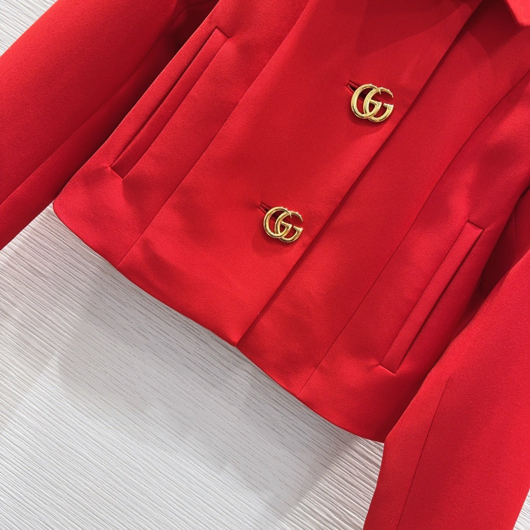 GG Crêpe Jacket With Double G Button Red Wool 346679
