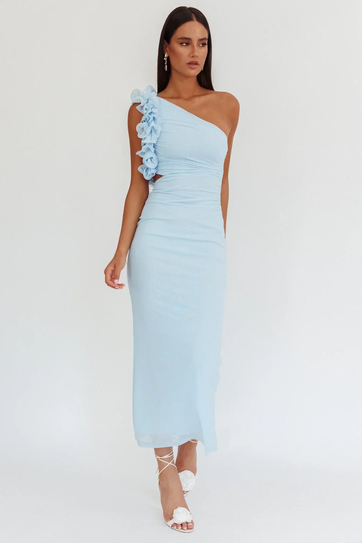 Deanna One-Shoulder Ruffle Maxi Dress Light Blue