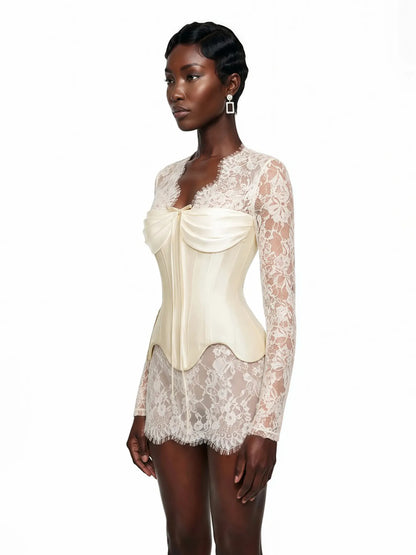 Thea White Ruched Top & Semi Sheer Lace Mini Dress Set