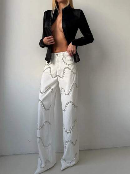 Lucienne Curved Rhinestone-Paneled Jeans
