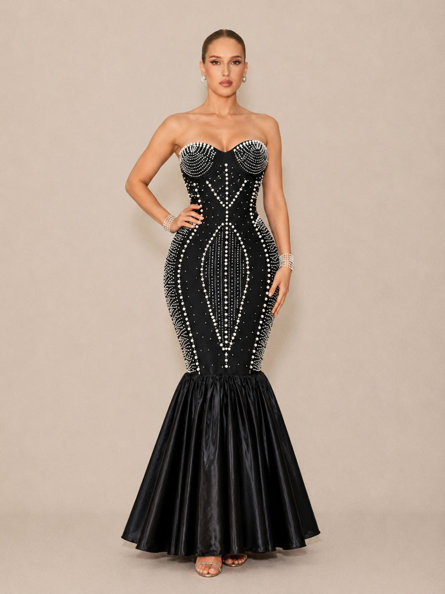Arielle Sexy Strapless Pearl-Beaded Maxi Dress