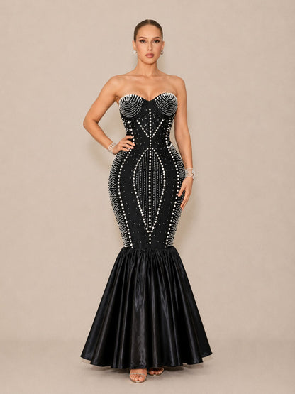 Arielle Sexy Strapless Pearl-Beaded Maxi Dress