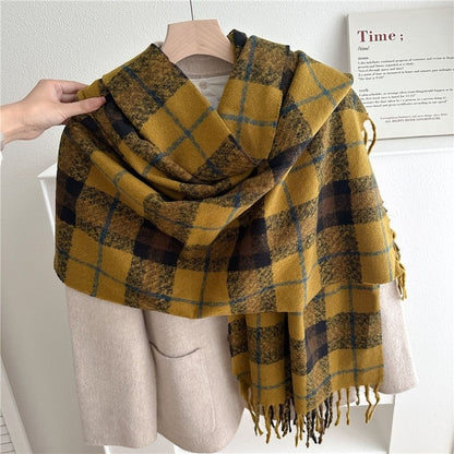 Color Block Plaid Fringe Scarf