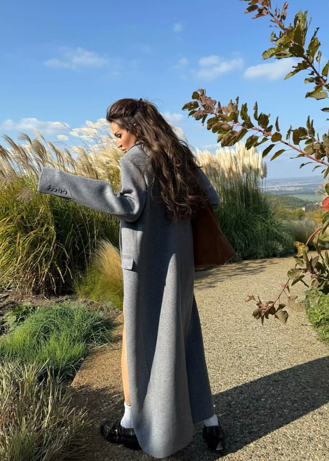 Double Breasted Long Wool Blend Coat Gray