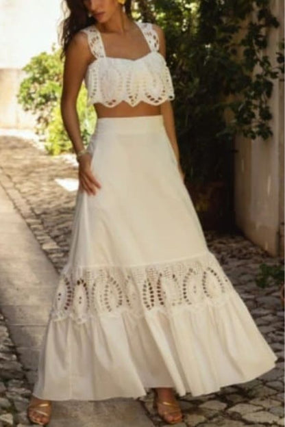 Summer City Hollow Lace Crop Tank and Elastic Waist Pocketed A-line Maxi Skirt Set