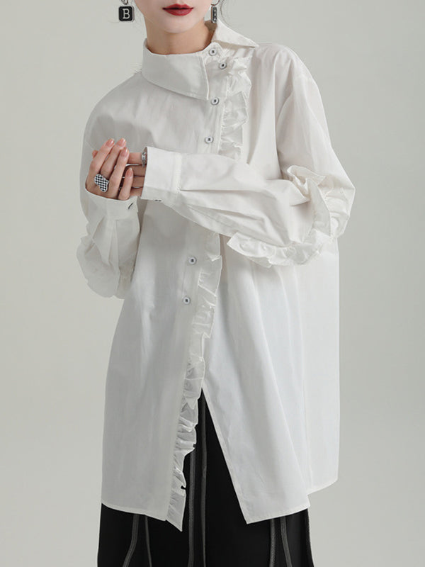Loose Solid Color Ruffled Irregularity Buttoned Blouses