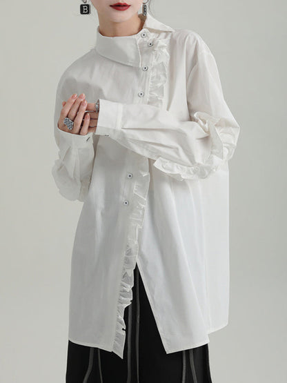 Loose Solid Color Ruffled Irregularity Buttoned Blouses
