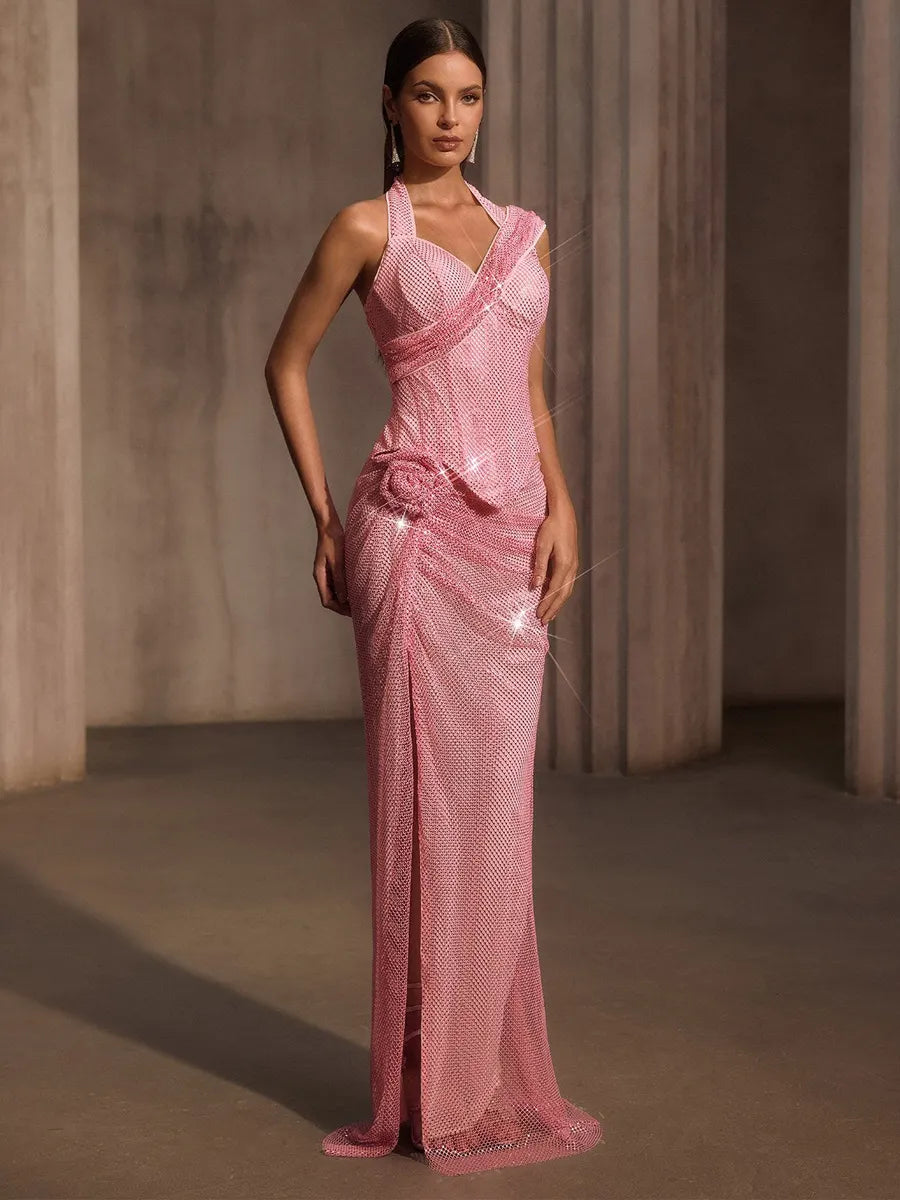 Marisol Rhinestone Mesh Split Flower Maxi Dress