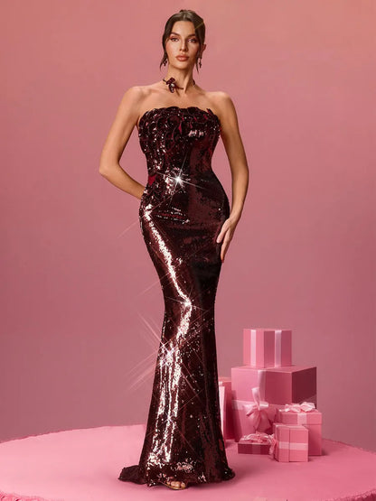 Hazel Strapless Sequin Petal Maxi Dress