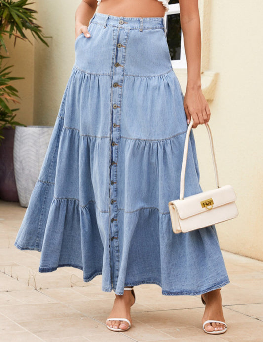 Button Fly Layered Ruffle Denim Maxi Skirt