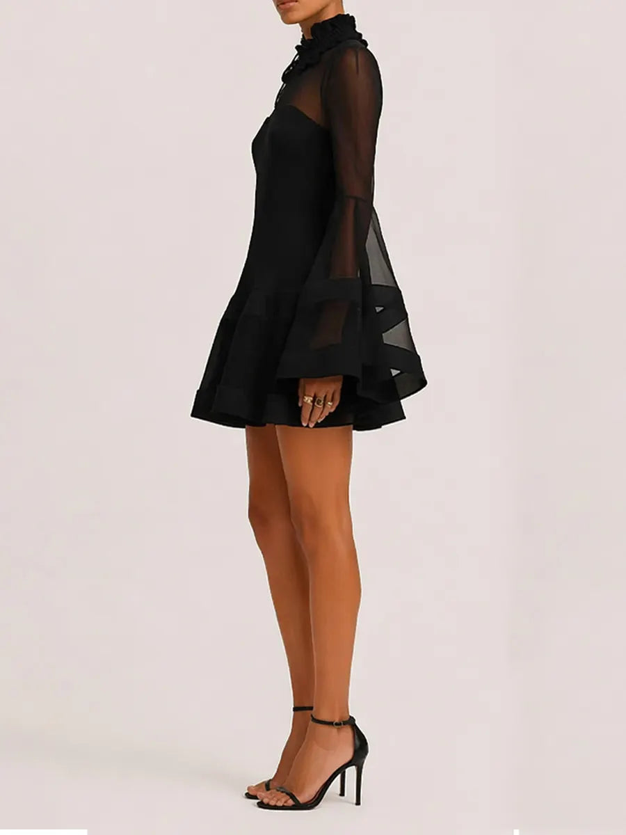Delilah Long-Sleeve Mesh Mini Dress In Black