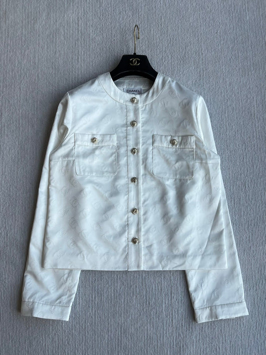 CC 25 Round Neck Jacket White Cotton Silk