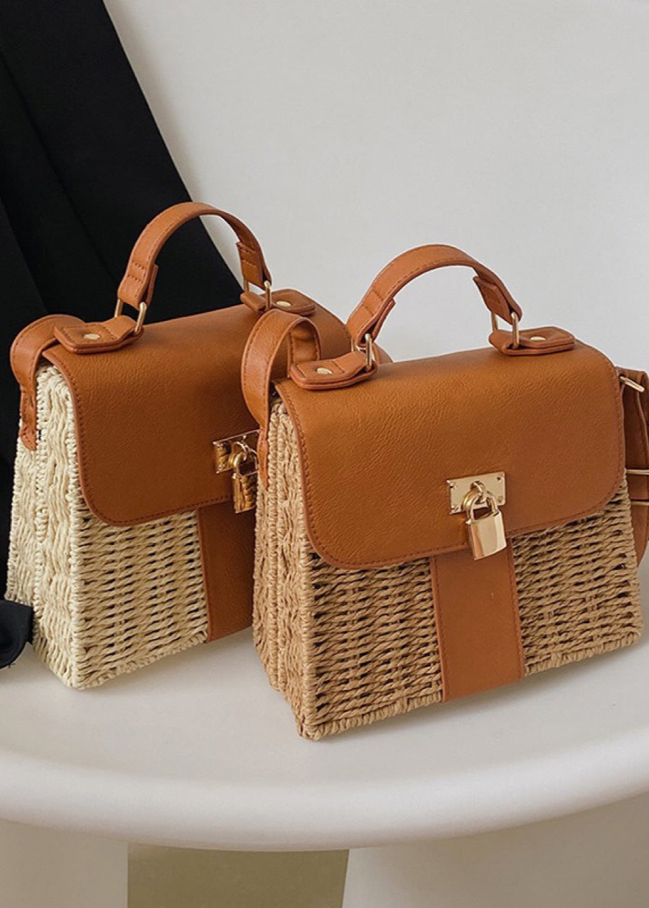 Woven Rattan Crossbody Bag with Faux Leather Trim