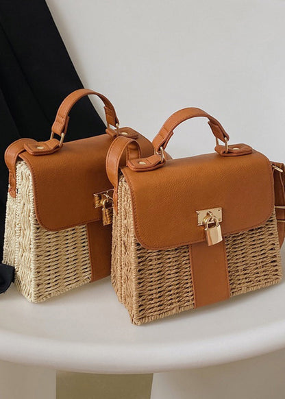 Woven Rattan Crossbody Bag with Faux Leather Trim