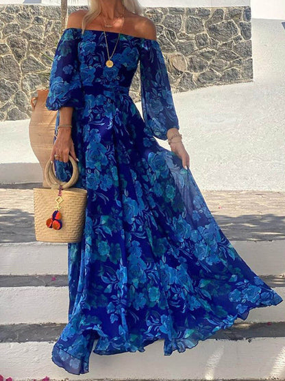 Floral Off Shoulder Smocked Blue Maxi Dress