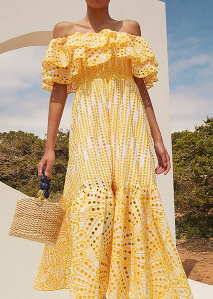 Ruffle Off Shoulder Dress Yellow Embroidered Midi