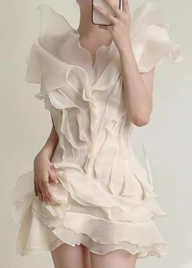 Ruffled Organza Mini Dress With Asymmetrical Neckline