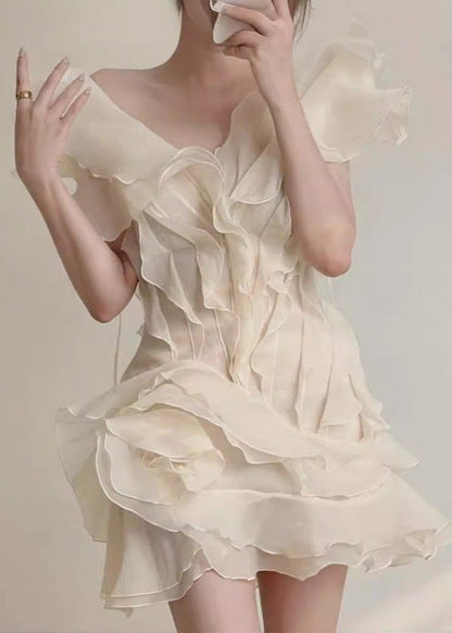 Ruffled Organza Mini Dress With Asymmetrical Neckline