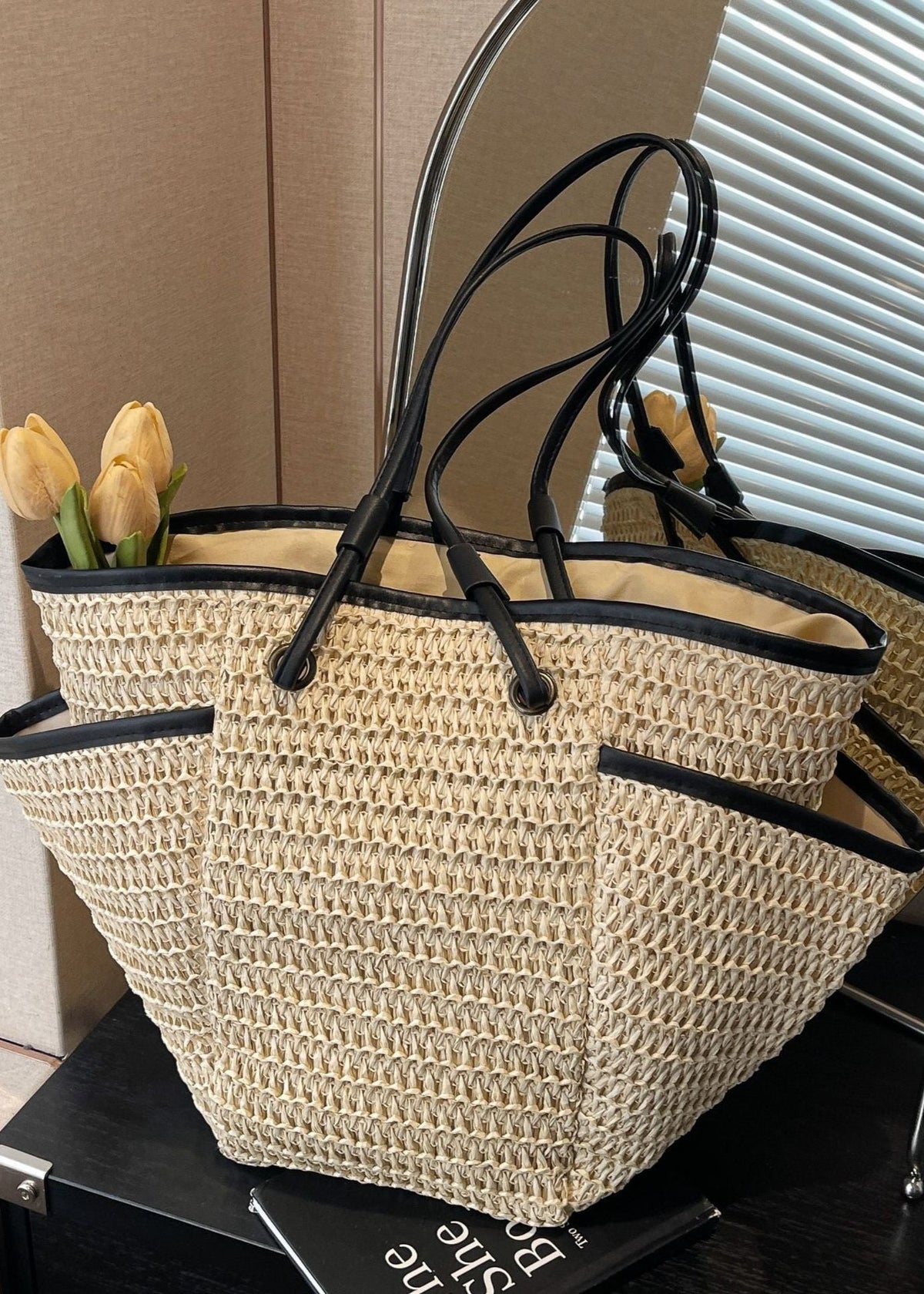 Woven Straw Tote Bag with Contrast Trim