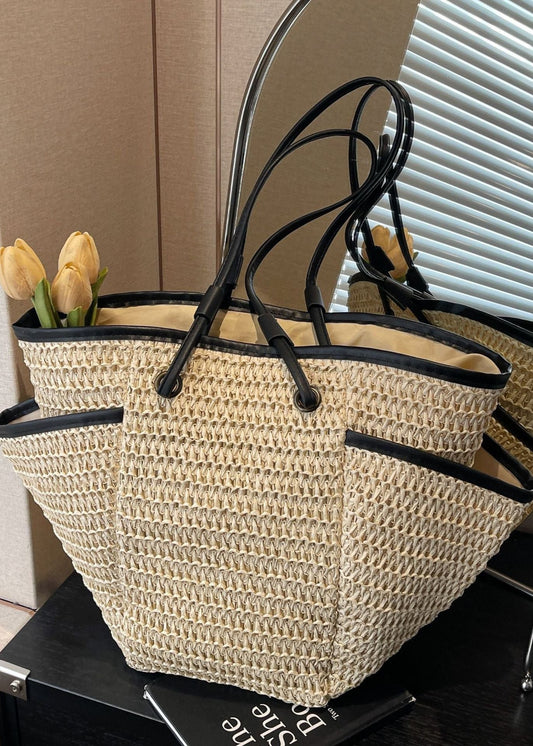 Woven Straw Tote Bag with Contrast Trim