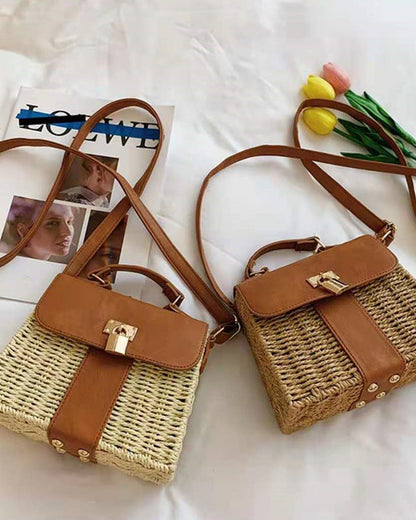 Woven Rattan Crossbody Bag with Faux Leather Trim