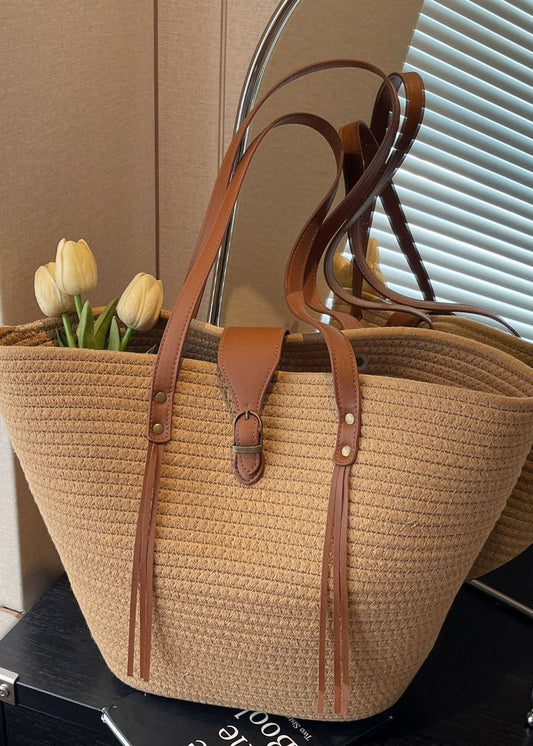 Oversized Braided Straw Tote Bag with Buckle Accent