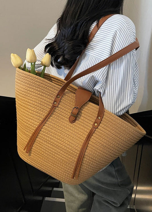 Oversized Braided Straw Tote Bag with Buckle Accent