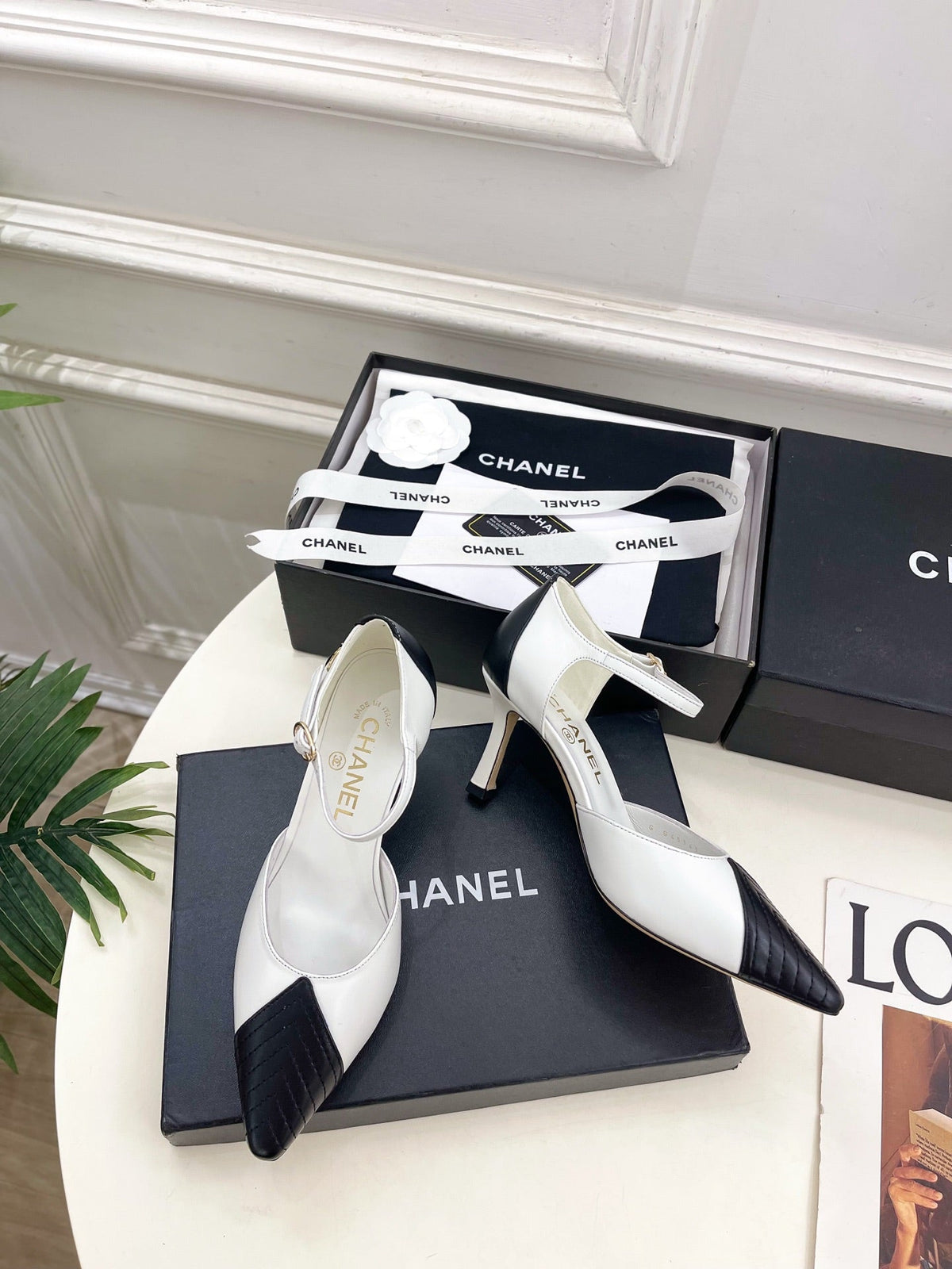 CC 26 SS Double C Slingback 7.5cm Black White Calfskin 586935