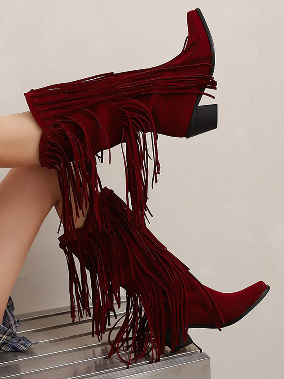 Zaria Ruched Fringed Suede Boots
