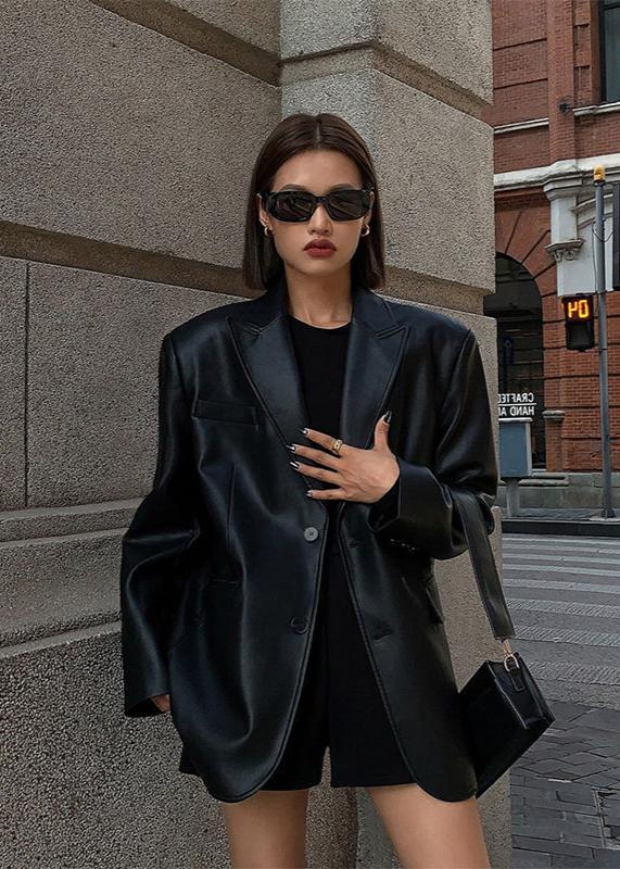 Black Faux Leather Blazer With Structured Fit