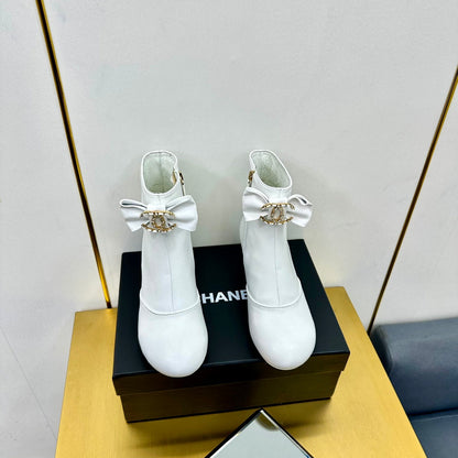 CC Bow-Adorned Rhinestone Boots White Cowhide 564596
