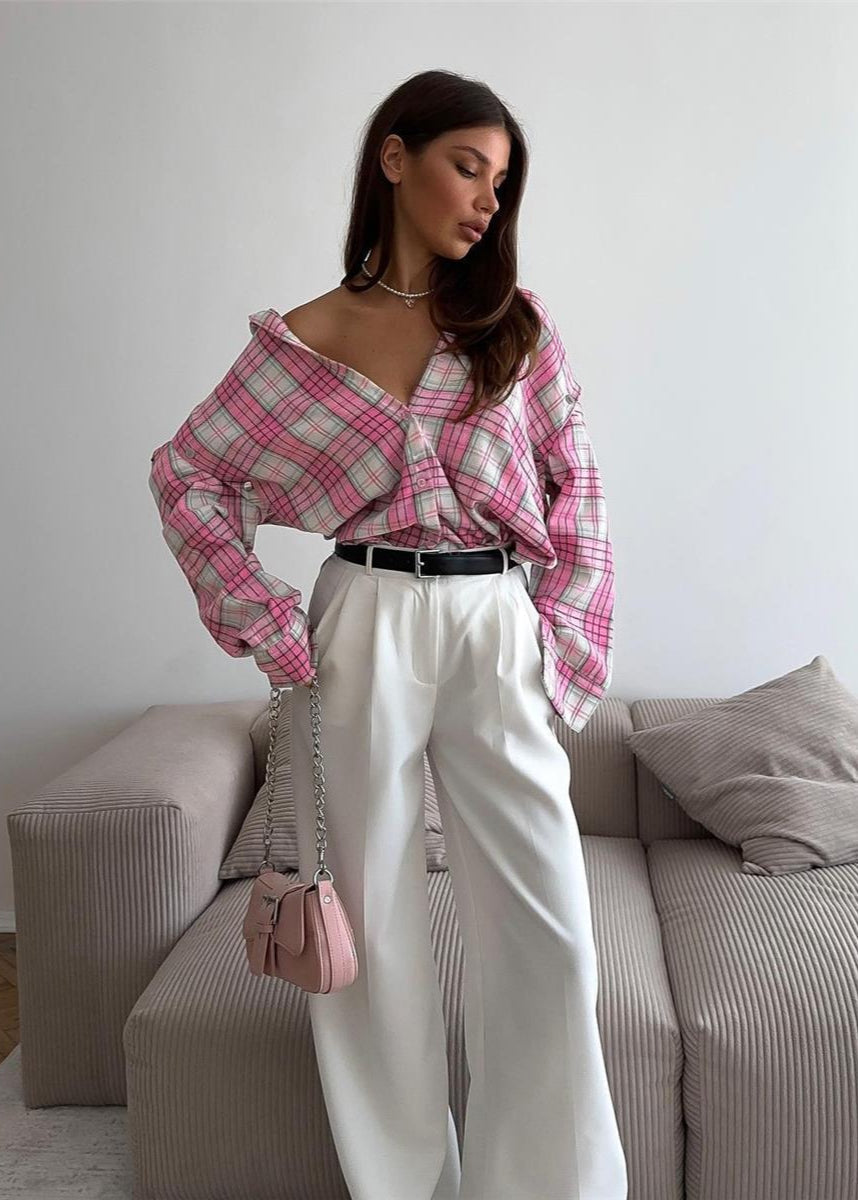 Oversized Pink Plaid Shirt Cotton Blend Soft Fabric