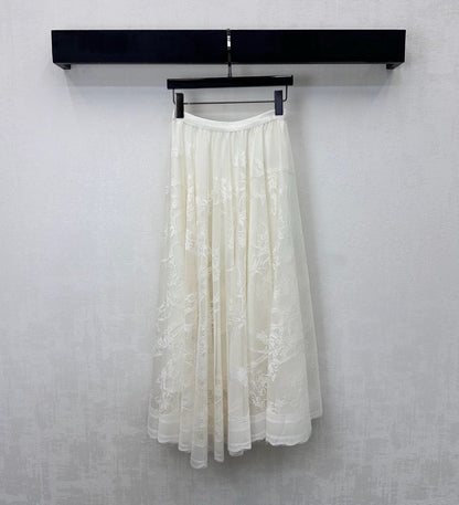 CD Lace Mesh Midi Skirt Ivory Polyester 350177