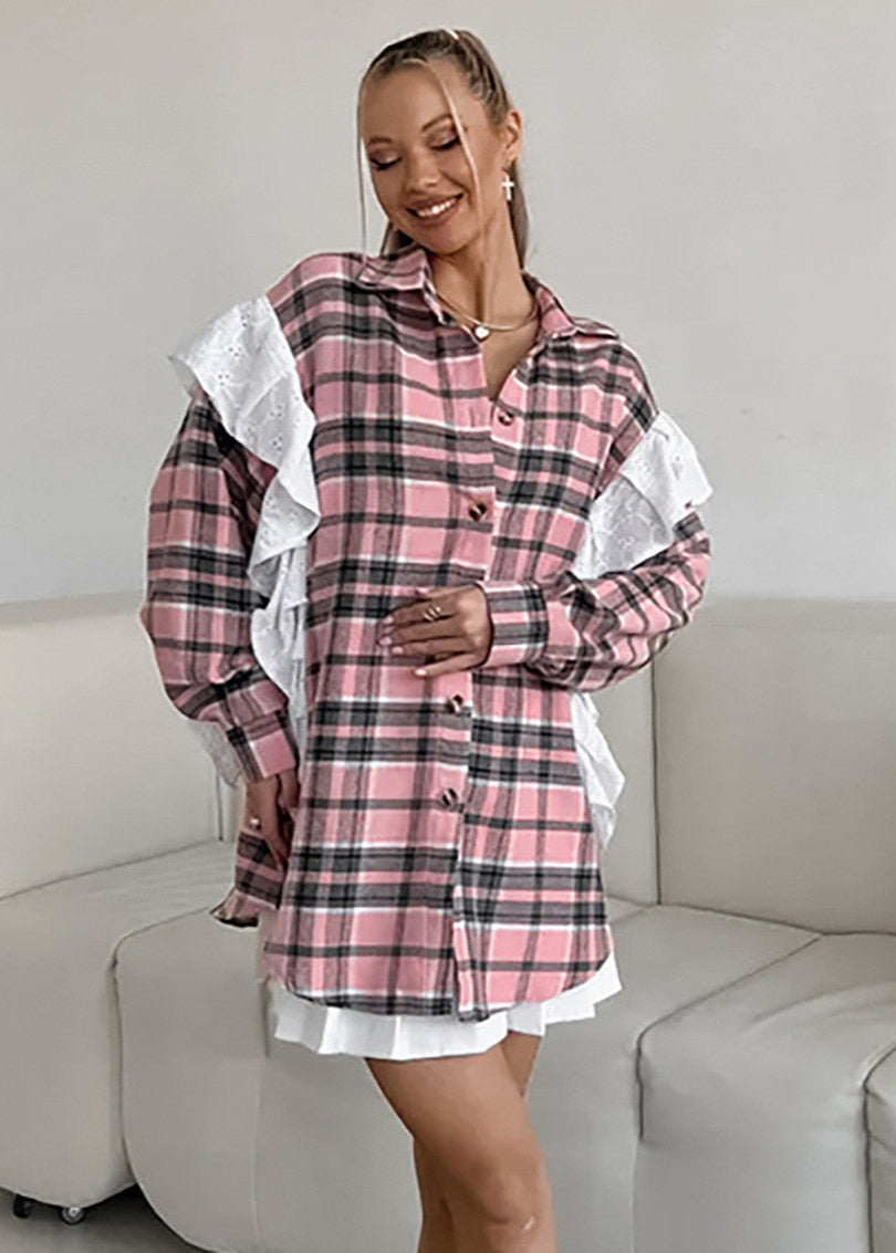 Plaid Poplin Shirt Cotton Polyester Pink Ruffle Detail