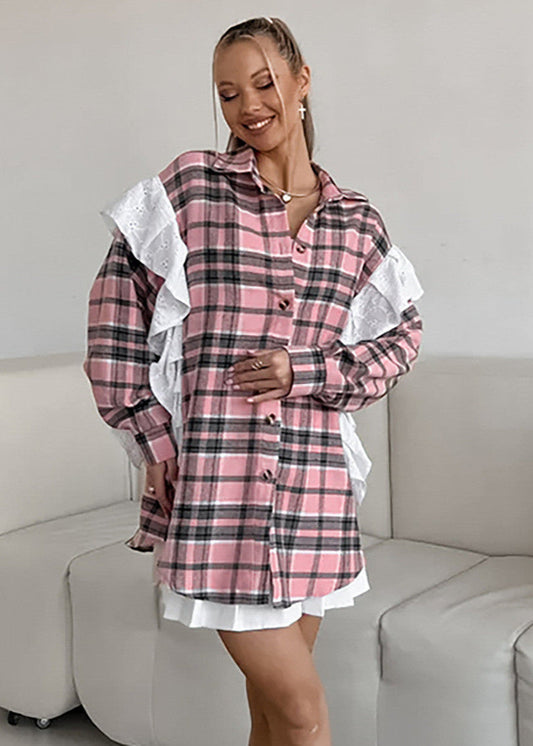 Plaid Poplin Shirt Cotton Polyester Pink Ruffle Detail