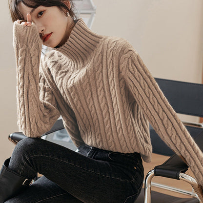 Casual Long Sleeves Loose Solid Color High-Neck Sweater Tops