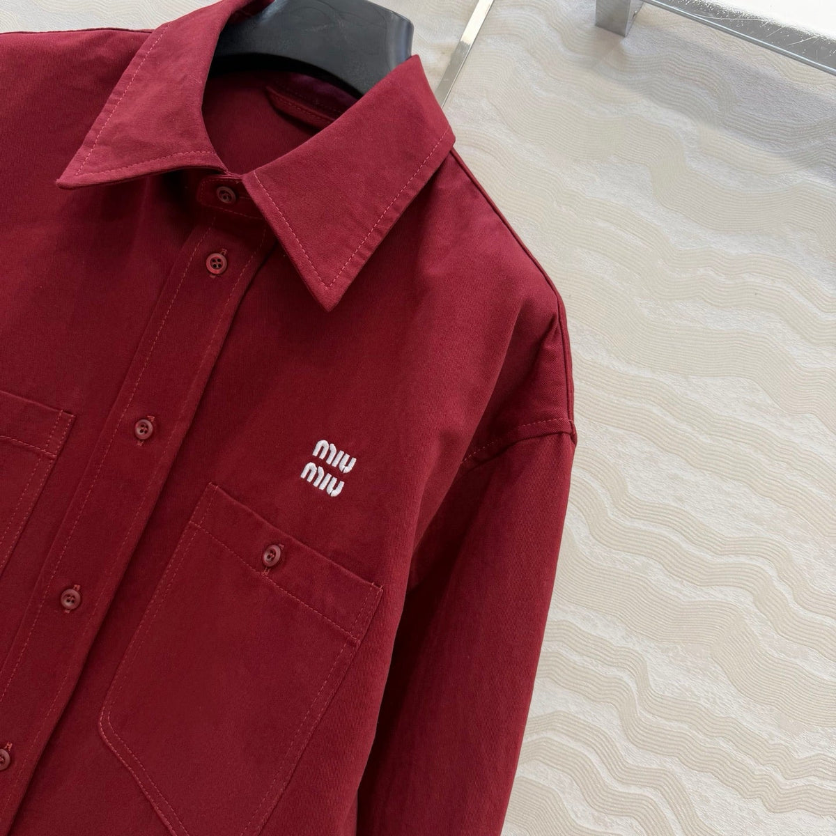 Miu SS26 Light Denim Shirt Amaranth Red Cotton 346164