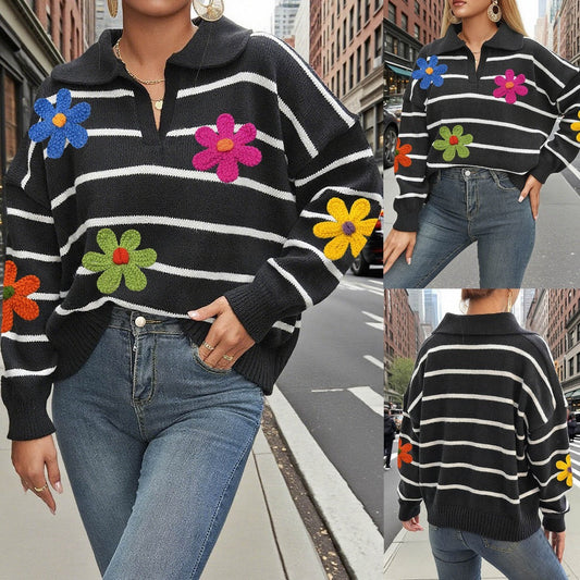Crosa - Colorblock Flower Polo Sweater