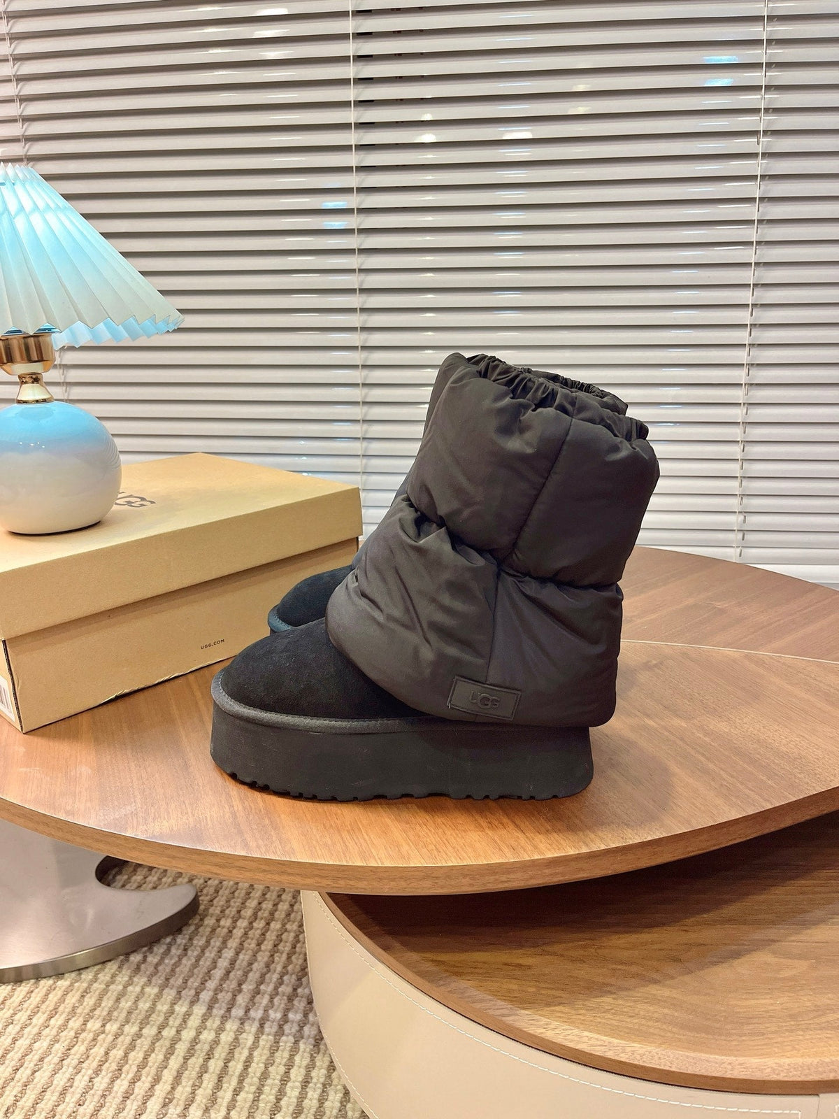 UGG Classic Mini Dipper Puffer Boots Black Suede Technical Fabric