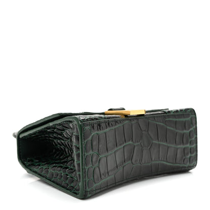 Shiny Calfskin Crocodile Embossed Hourglass Top Handle Bag XS Forest Green