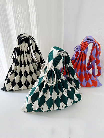 Contrast Color Drawstring Pleated Rhombus Woven Handbags