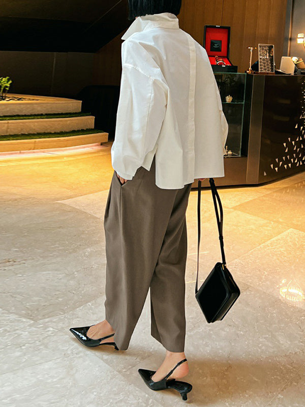 High-Low Long Sleeves Asymmetric Buttoned Solid Color Split-Side Lapel Blouses&Shirts Tops