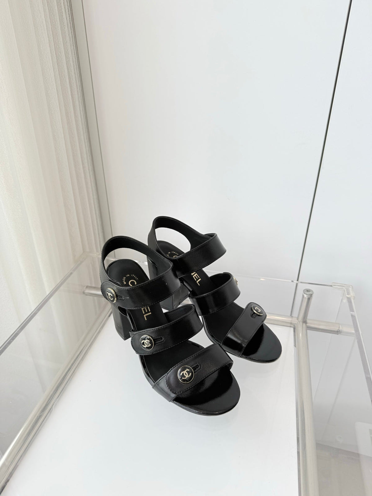 Chanel 26 Turnlock 80 Black Sandal Heels in Lambskin 597407