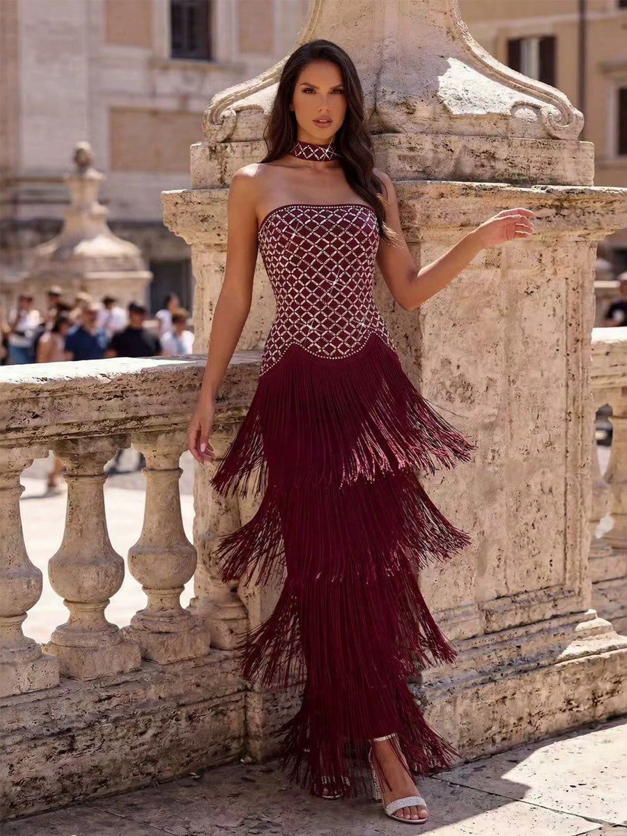 Antonella Sleeveless Rhinestone and Fringe Maxi Dress