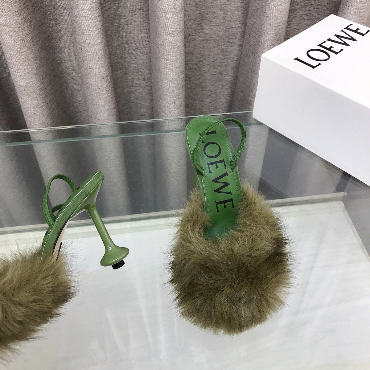 Loewe 25SS Fur-lined Mule 100 Green in Fox Fur 597443
