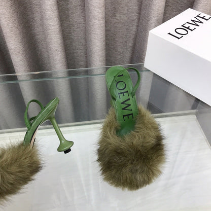 Loewe 25SS Fur-lined Mule 100 Green in Fox Fur 597443