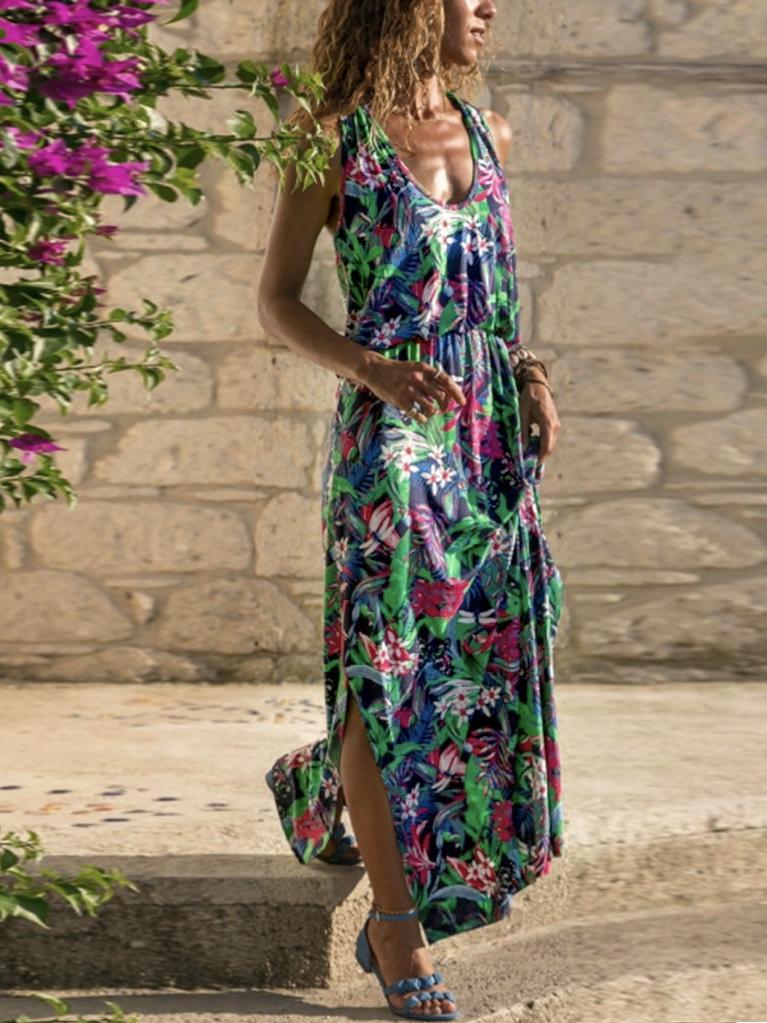 Summer Women Fashion Sexy Causal Elegant Sleeveless Floral Hollow-Out Back Maxi Dress